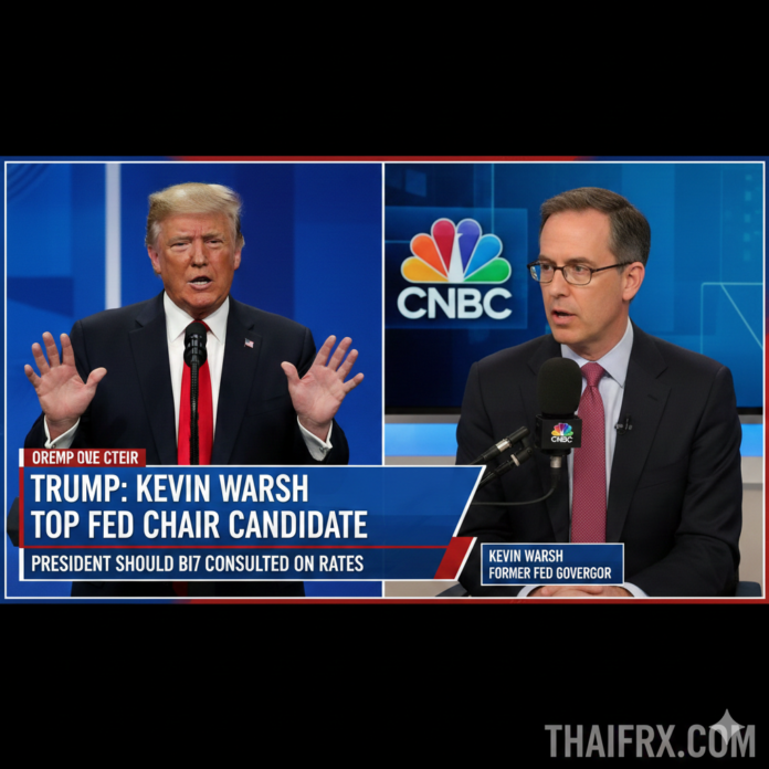 ทรัมป์กล่าวว่า เควิน วอร์ช อยู่ในรายชื่อผู้สมัครชิงตำแหน่งประธานเฟดอันดับต้นๆ และประธานาธิบดีควรได้รับการปรึกษาหารือเกี่ยวกับอัตราดอกเบี้ย