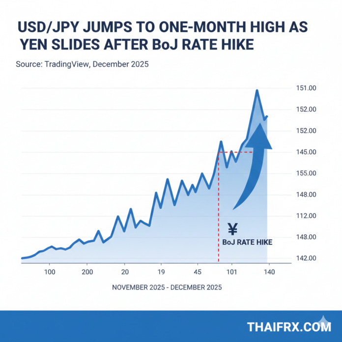 USD/JPY พุ่งแตะระดับสูงสุดในรอบหนึ่งเดือน หลังเงินเยนร่วงรับมติ BoJ