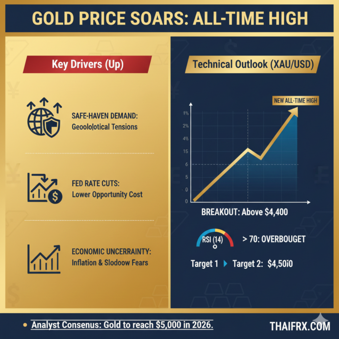 ราคาทองคำพุ่งสูงเป็นประวัติการณ์จากความต้องการสินทรัพย์ปลอดภัย และแนวโน้มการปรับลดอัตราดอกเบี้ยของธนาคารกลางสหรัฐฯ