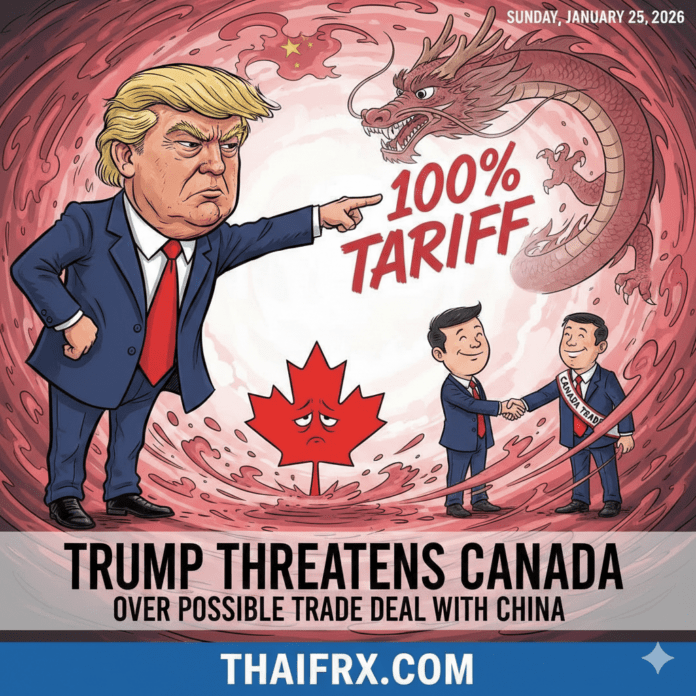 Trump ขู่อาจเก็บภาษีนำเข้า 100% กับสินค้าแคนาดา หากแคนาดาทำข้อตกลงการค้ากับจีน