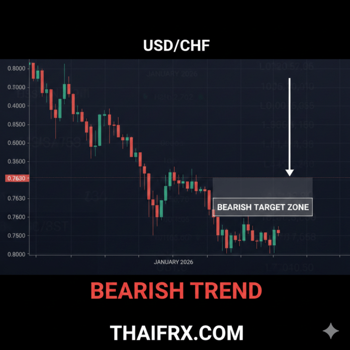 USD/CHF กำลังอยู่ในทิศทางขาลงอย่างชัดเจน (Bearish Trend) ดิ่งสู่ระดับ 0.7630 - 0.7670