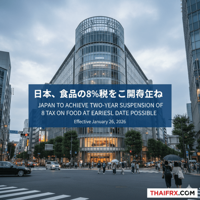 ทาคาอิจิ นายกรัฐมนตรีญี่ปุ่น กล่าวว่า จะผลักดันให้มีการระงับการเก็บภาษีอาหาร 8% เป็นเวลาสองปีโดยเร็วที่สุด