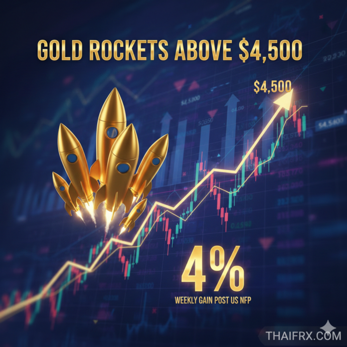 ทองคำพุ่งทะลุ $4,500 ปิดสัปดาห์บวกเกือบ 4% หลังตัวเลข NFP สหรัฐผสมผสาน