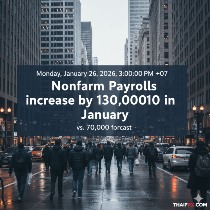 การจ้างงานนอกภาคเกษตร (Nonfarm Payrolls) ของสหรัฐ เพิ่มขึ้น 130,000 ตำแหน่ง (สูงกว่าที่คาดการณ์ไว้ที่ 70,000 ตำแหน่ง