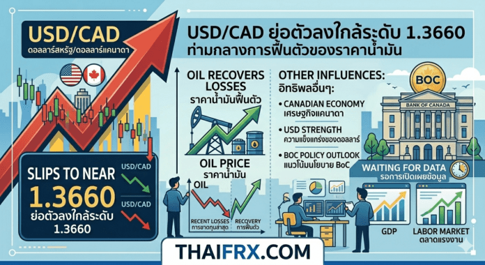 USD/CAD ย่อตัวลงมาเคลื่อนไหวใกล้ระดับ 1.3660 หลังราคาน้ำมันดิบเริ่มมีการฟื้นตัวจากจุดต่ำสุดของสัปดาห์