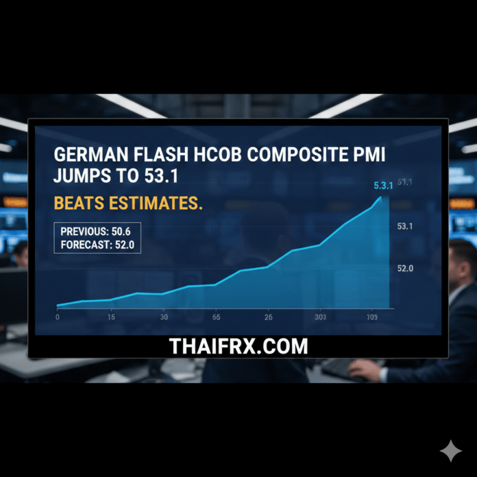 Flash Manufacturing PMI ของเยอรมนี ค่าจริง (Actual): 52.8 ถือเป็นเซอร์ไพรส์ครั้งใหญ่ของตลาด