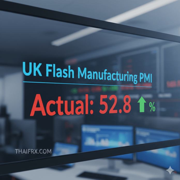 UK Flash Manufacturing PMI ค่าจริง (Actual): 52.8 ระดับสูงสุดในรอบเกือบ 4 ปี