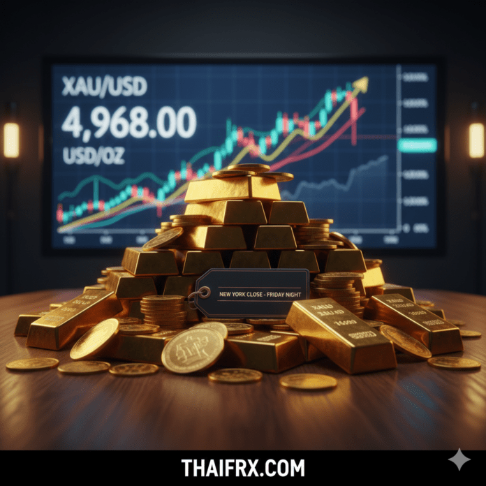 ราคาทองคำ (XAU/USD) ได้ปิดตลาดนิวยอร์กเมื่อคืนนี้ (คืนวันศุกร์) ปรับตัวสูงขึ้นมาอยู่ที่ระดับประมาณ 4,961 - 4,968 ดอลลาร์ต่อออนซ์