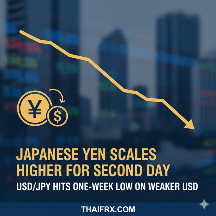 เงินเยนญี่ปุ่นแข็งค่าขึ้นเป็นวันที่สองติดต่อกัน ขณะที่ USD/JPY แตะระดับต่ำสุดในรอบหนึ่งสัปดาห์เนื่องจาก USD อ่อนค่าลง
