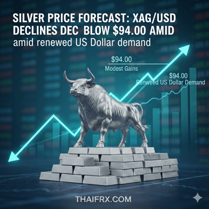 ราคาโลหะเงิน (XAG/USD) ปรับตัวลดลงจากระดับสูงสุดของช่วงเช้าที่จ่อ $95.00 ลงมาเคลื่อนไหวต่ำกว่าระดับ $94.00