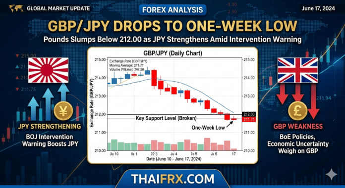 GBP/JPY ร่วงหลุด 212.00 แตะระดับต่ำสุดในรอบสัปดาห์! หลังญี่ปุ่นส่งสัญญาณ 