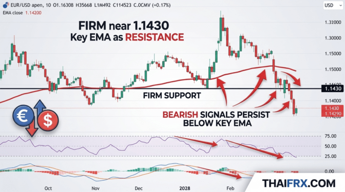 EUR/USD ทรงตัวที่ 1.1430! สัญญาณหมียังค้ำคอหลังราคาติดหล่มใต้เส้น EMA สำคัญ