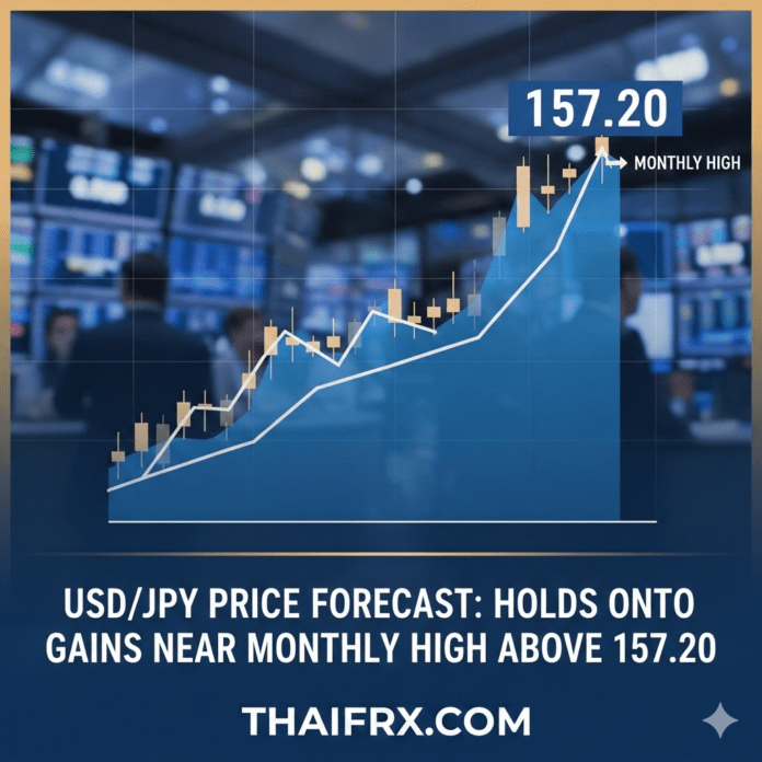 USD/JPY ซื้อขายอยู่เหนือระดับ 157.20 และพยายามกลับไปทดสอบจุดสูงสุดของเดือน (Monthly High) ที่บริเวณ 157.50