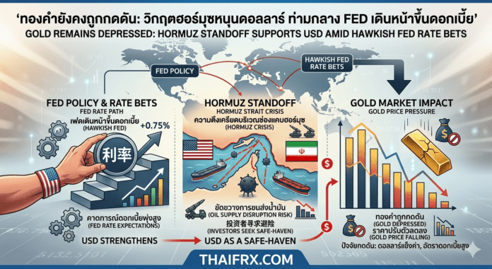 ราคาทองคำทรุด! ดอลลาร์แข็งค่ารับวิกฤตฮอร์มุซ ขณะที่ตลาดเก็ง Fed คงดอกเบี้ยสูงสู้เงินเฟ้อ