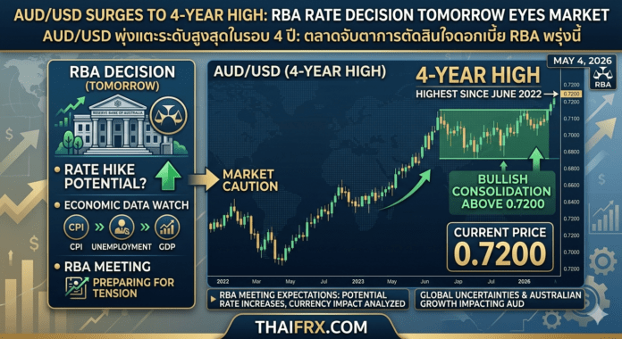 AUD/USD พุ่งแตะระดับสูงสุดในรอบ 4 ปี: ตลาดจับตาการตัดสินใจดอกเบี้ย RBA พรุ่งนี้