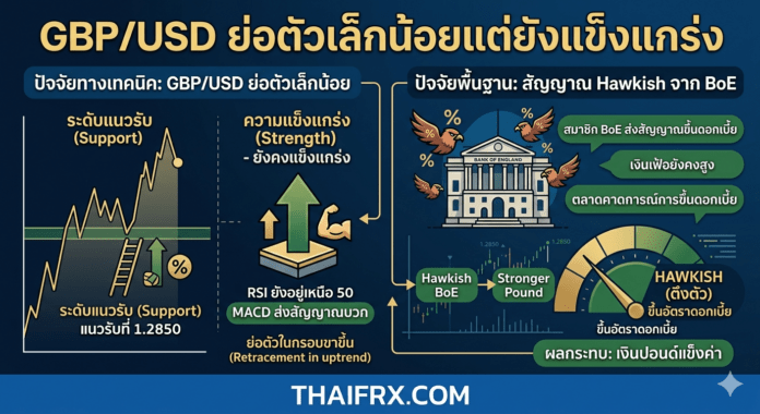 GBP/USD ย่อตัวเล็กน้อยแต่ยังแข็งแกร่ง ท่ามกลางสัญญาณ Hawkish จาก BoE