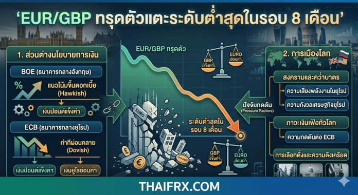 EUR/GBP ทรุดตัวแตะระดับต่ำสุดในรอบ 8 เดือน ท่ามกลางส่วนต่างนโยบายการเงินและการเมืองโลก