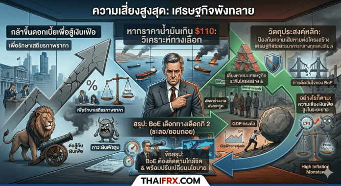 หากสถานการณ์ในฮอร์มุซบานปลายจนน้ำมันพุ่งเกิน $110 BoE จะกล้าขึ้นดอกเบี้ยเพื่อสู้เงินเฟ้อตามที่ขู่ไว้ หรือจะยอมถอยเพื่อป้องกันไม่ให้เศรษฐกิจอังกฤษเข้าสู่ภาวะถดถอย (Recession) ?