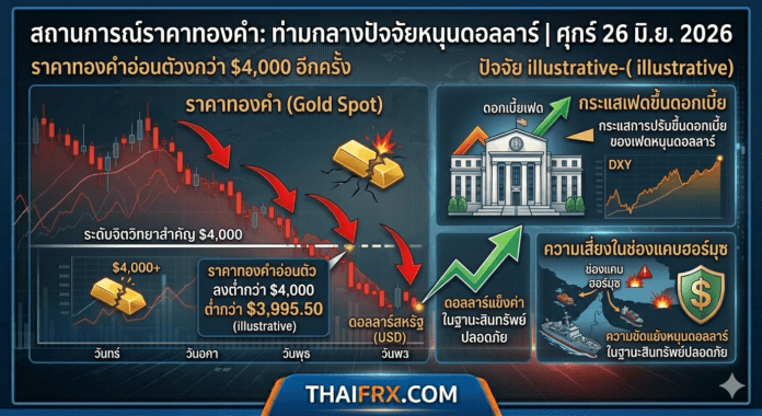 ราคาทองคำอ่อนตัวลงต่ำกว่าระดับ $4,000 อีกครั้ง ท่ามกลางกระแสเฟดขึ้นดอกเบี้ยและความเสี่ยงในช่องแคบฮอร์มุซที่หนุนดอลลาร์ในฐานะสินทรัพย์ปลอดภัย