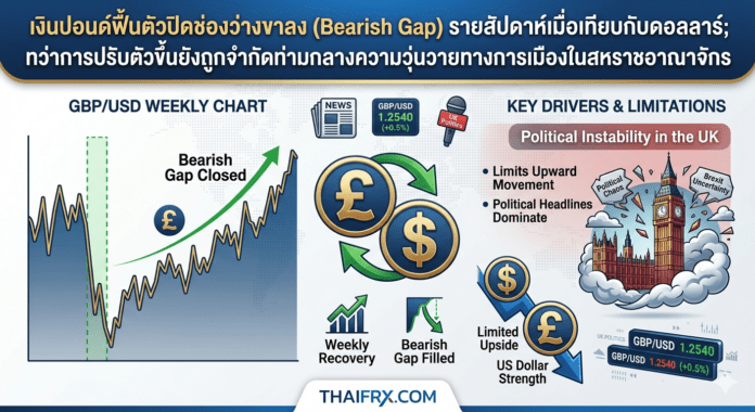 เงินปอนด์ฟื้นตัวปิดช่องว่างขาลง (Bearish Gap) รายสัปดาห์เมื่อเทียบกับดอลลาร์; ทว่าการปรับตัวขึ้นยังถูกจำกัดท่ามกลางความวุ่นวายทางการเมืองในสหราชอาณาจักร