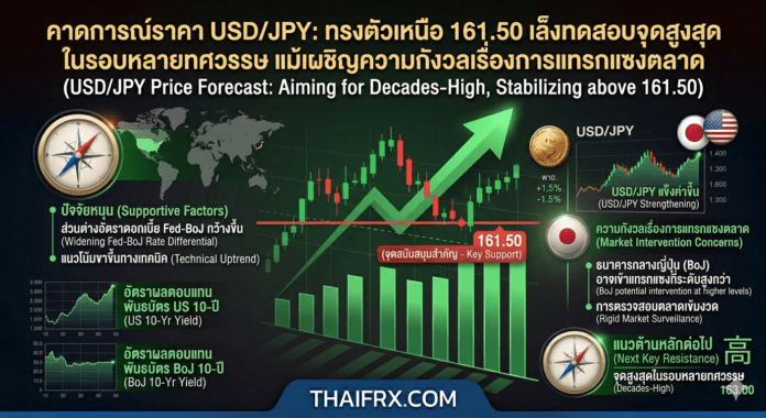 USD/JPY: ทรงตัวเหนือ 161.50 เล็งทดสอบจุดสูงสุดในรอบหลายทศวรรษ แม้เผชิญความกังวลเรื่องการแทรกแซงตลาด