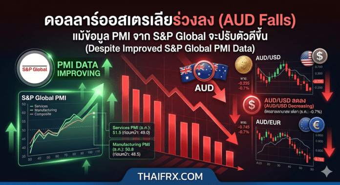 ดอลลาร์ออสเตรเลียร่วงลง แม้ข้อมูล PMI จาก S&P Global จะปรับตัวดีขึ้น