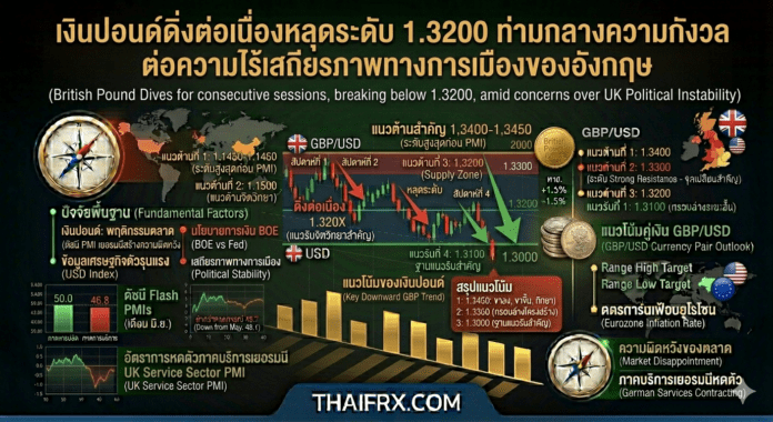 เงินปอนด์ดิ่งต่อเนื่องหลุดระดับ 1.3200 ท่ามกลางความกังวลต่อความไร้เสถียรภาพทางการเมืองของอังกฤษ