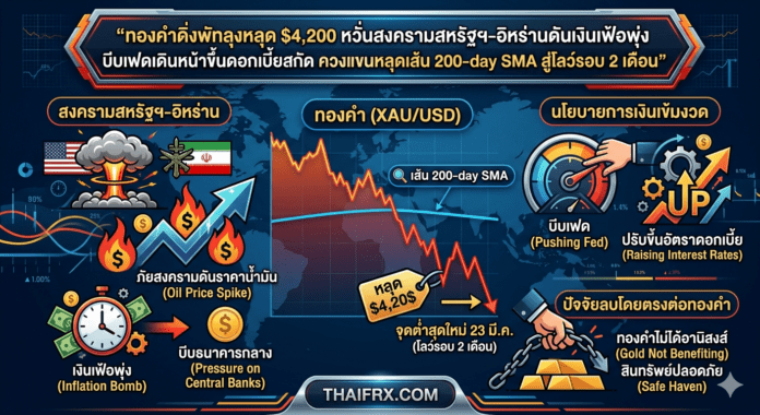 ทองคำดิ่งหลุด $4,200 หวั่นสงครามสหรัฐฯ-อิหร่านดันเงินเฟ้อพุ่ง บีบเฟดเดินหน้าขึ้นดอกเบี้ยสกัด ควงแขนหลุดเส้น 200-day SMA สู่โลว์รอบ 2 เดือน
