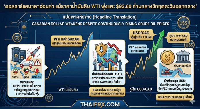 เงินดอลลาร์แคนาดาอ่อนค่าลง แม้ราคาน้ำมันดิบพุ่งสูงขึ้นอย่างต่อเนื่อง