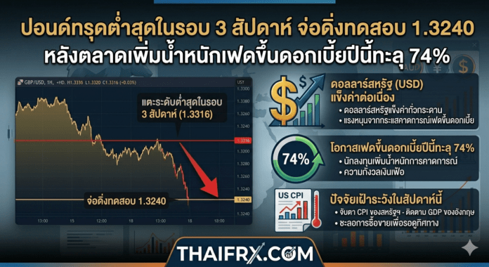 ปอนด์ทรุดต่ำสุดในรอบ 3 สัปดาห์ จ่อดิ่งทดสอบ 1.3240 หลังตลาดเพิ่มน้ำหนักเฟดขึ้นดอกเบี้ยปีนี้ทะลุ 74%