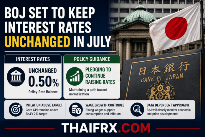 BoJ จ่อคงอัตราดอกเบี้ยในการประชุมเดือนกรกฎาคมนี้ แต่ยังคงยึดมั่นแนวทางนโยบายพร้อมเดินหน้าปรับขึ้นดอกเบี้ยต่อในอนาคต