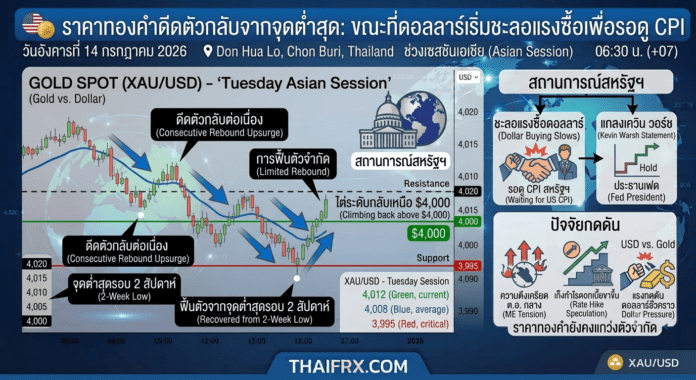 ราคาทองคำดีดตัวกลับจากจุดต่ำสุดในรอบสองสัปดาห์ ขณะที่ฝั่งดอลลาร์เริ่มชะลอแรงซื้อเพื่อรอดูตัวเลข CPI สหรัฐฯ และการแถลงของ เควิน วอร์ช ประธานเฟด