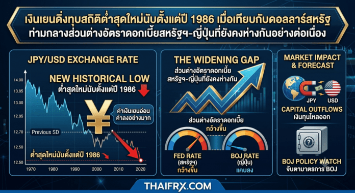 เงินเยนดิ่งทุบสถิติต่ำสุดใหม่นับตั้งแต่ปี 1986 เมื่อเทียบกับดอลลาร์สหรัฐ ท่ามกลางส่วนต่างอัตราดอกเบี้ยสหรัฐฯ-ญี่ปุ่นที่ยังคงห่างกันอย่างต่อเนื่อง