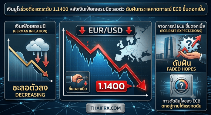 เงินยูโรร่วงดิ่งแตะระดับ 1.1400 หลังเงินเฟ้อเยอรมนีชะลอตัว ดับฝันกระแสคาดการณ์ ECB ขึ้นดอกเบี้ย