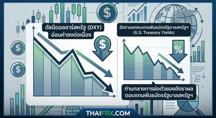 ดัชนีดอลลาร์สหรัฐ (DXY) อ่อนค่าลงต่อเนื่อง ท่ามกลางการย่อตัวของอัตราผลตอบแทนพันธบัตรรัฐบาลสหรัฐฯ